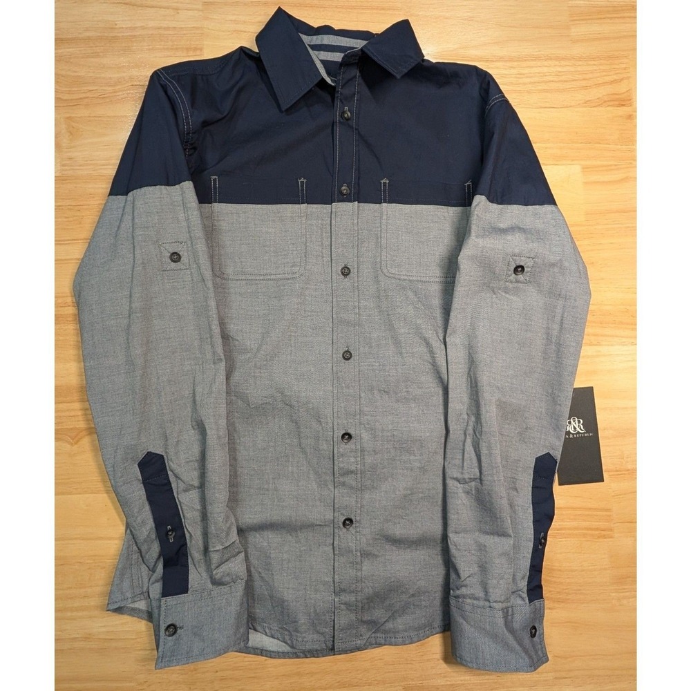 Rock & Republic Men's Shirt Small NWT Navy Gray Colorblock Button Front Cotton‎